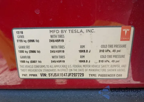2018 Tesla Model S 100D/75D/P100D from USA, damaged, VIN 5YJSA1E47JF297729